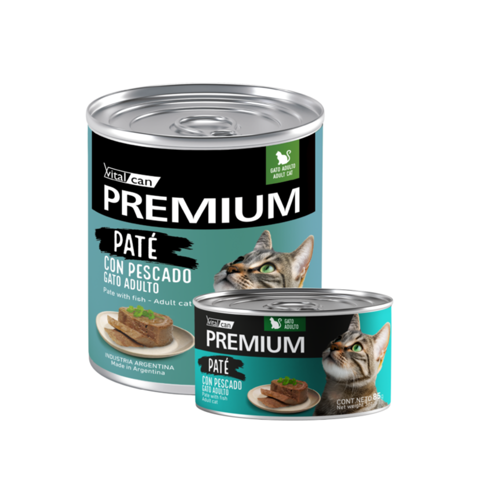 Vital Can Premium Paté con Pescado para gatos adultos, latas de 85 g y 340 g.