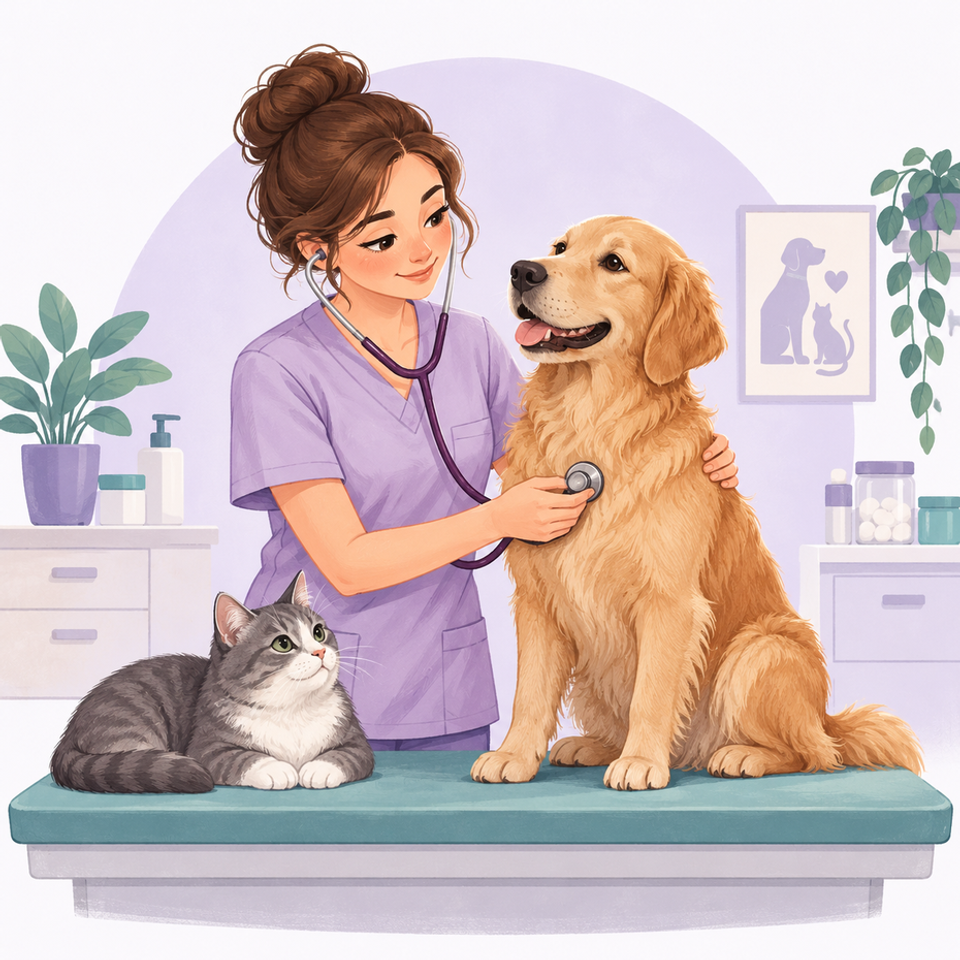 Ilustración de una veterinaria auscultando a un perro, con un gato junto a la mesa de consulta