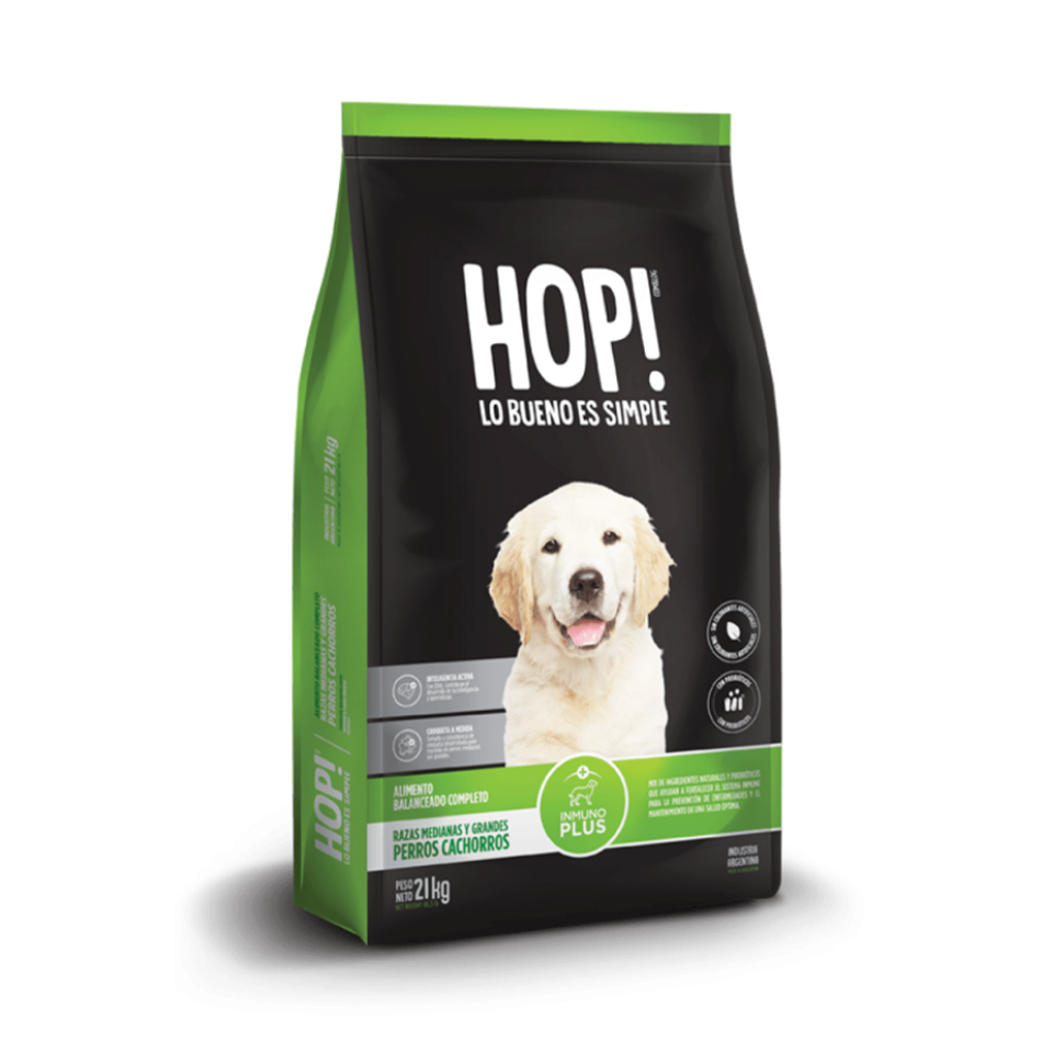Hop! - Perros Cachorros - Seco - Razas Medianas y Grandes — envase del alimento