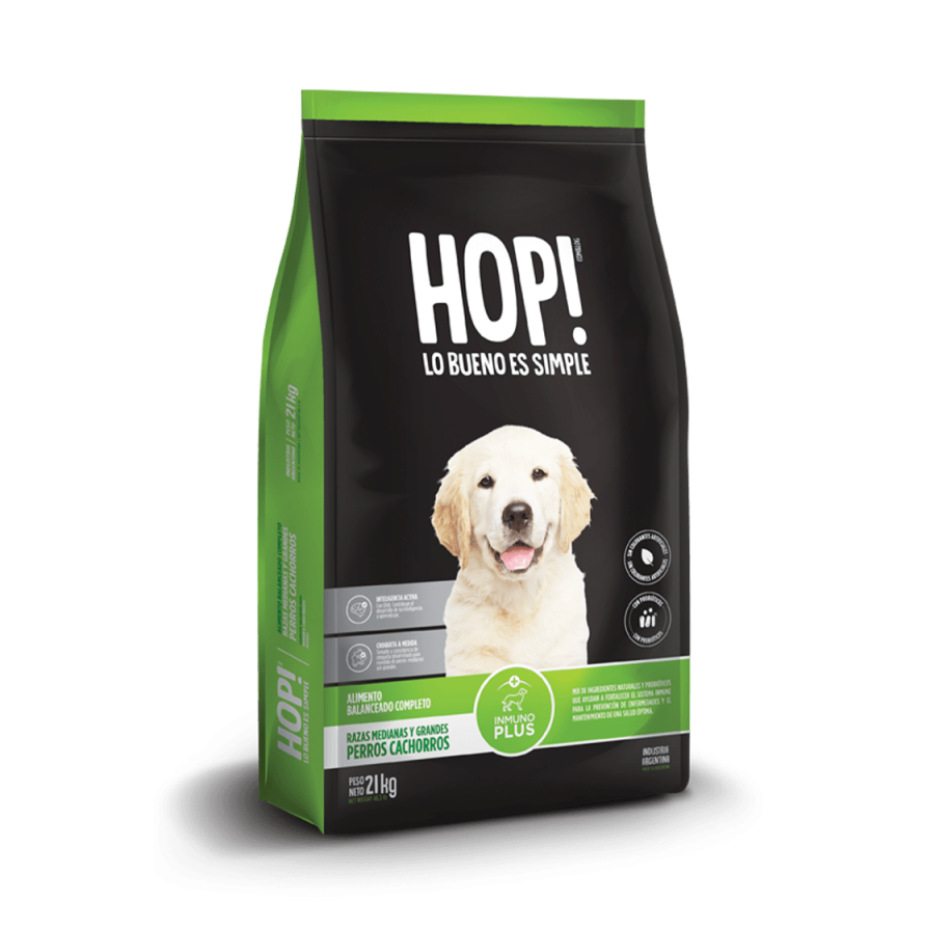 Hop! - Perros Cachorros - Seco - Razas Medianas y Grandes — envase del alimento
