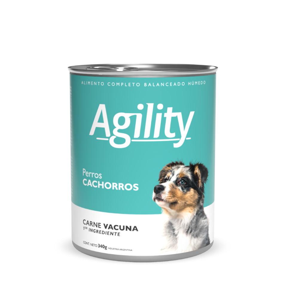 Lata Agility para perros cachorros con carne vacuna, de 340 g