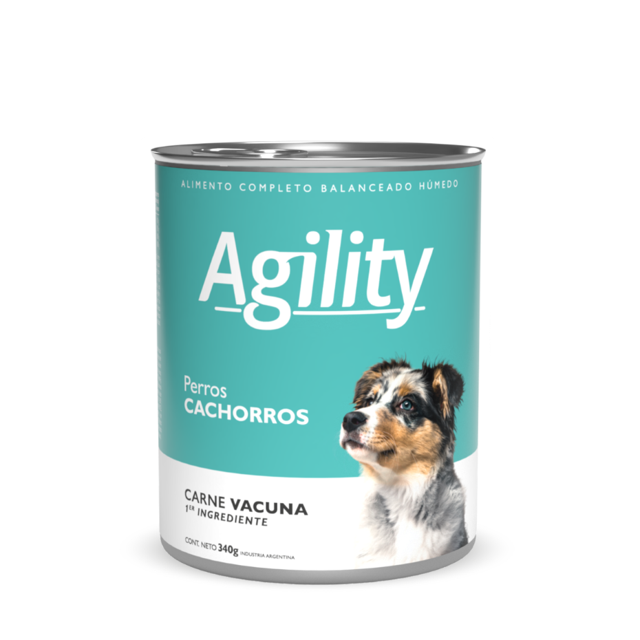Lata Agility para perros cachorros con carne vacuna, de 340 g