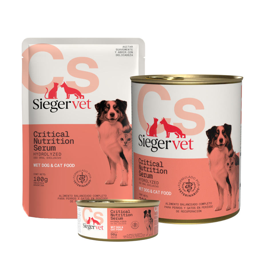 Envase de alimento Sieger Critical Nutrition SERUM para perros y gatos