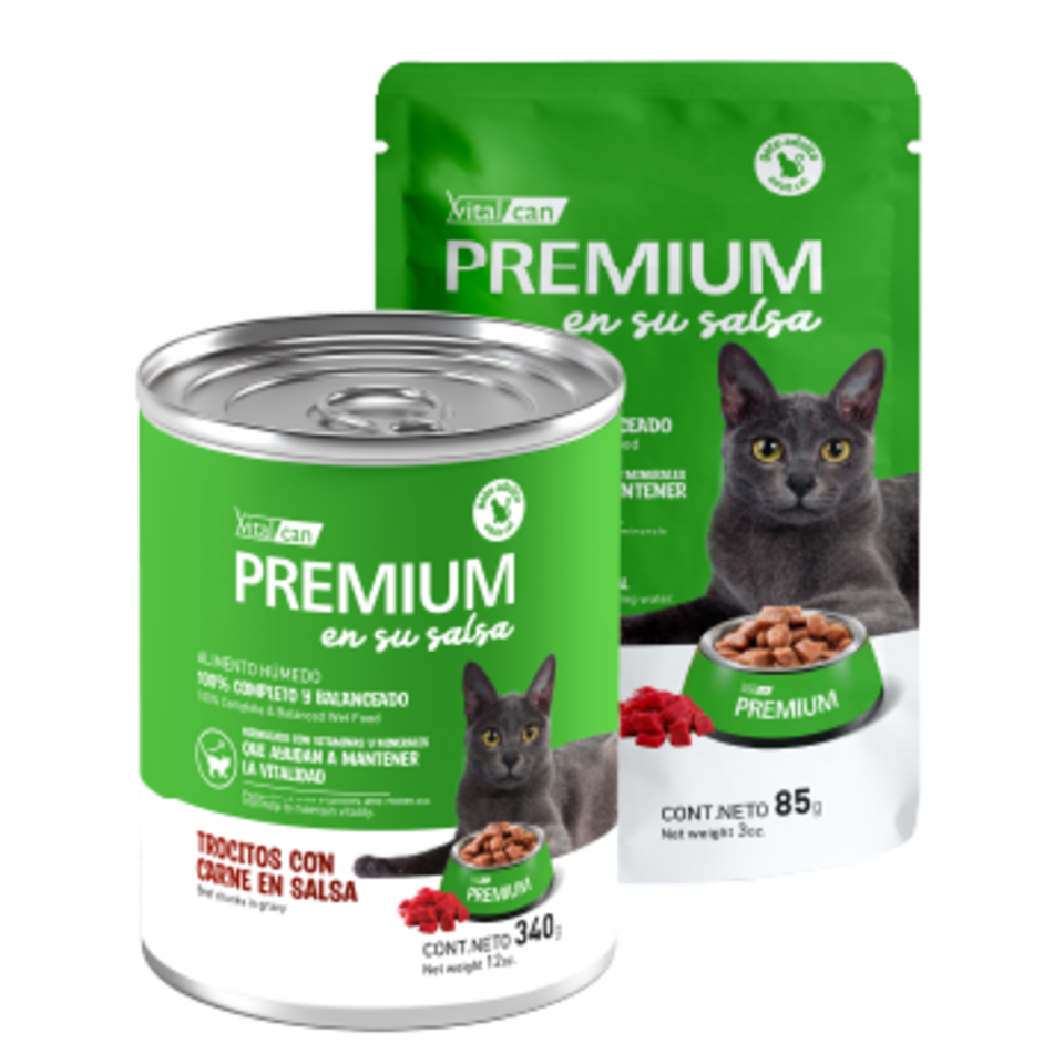 Vital Can Premium para gatos adultos, trocitos con carne en salsa.