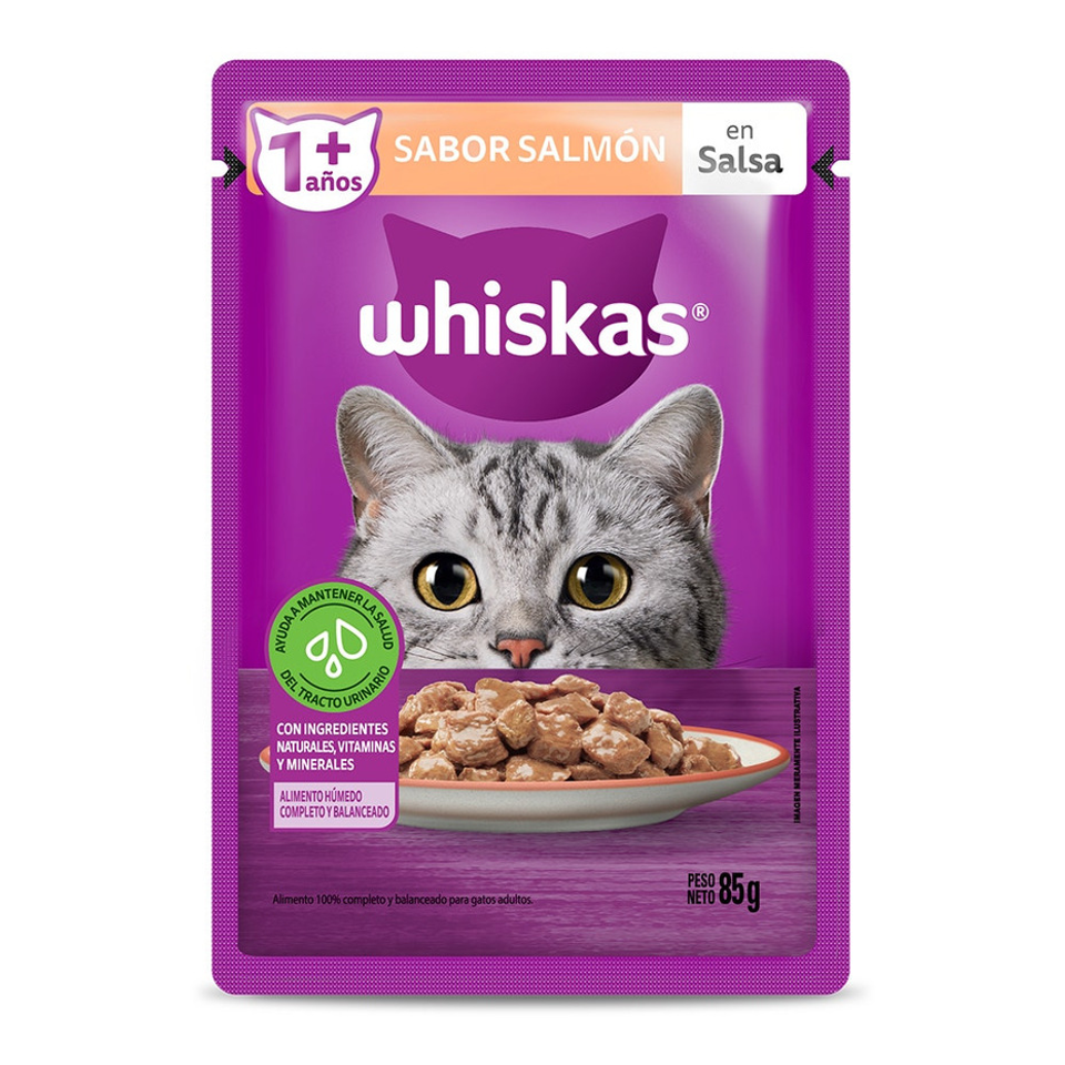 Envase de alimento Whiskas Sobrecito Adultos Salmón en Salsa para gatos