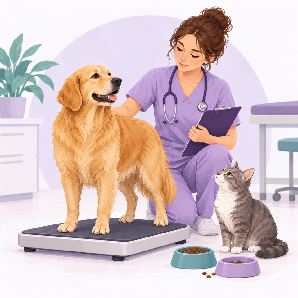 Ilustración de una veterinaria controlando el peso de un perro en una balanza, con un gato y cuencos de alimento