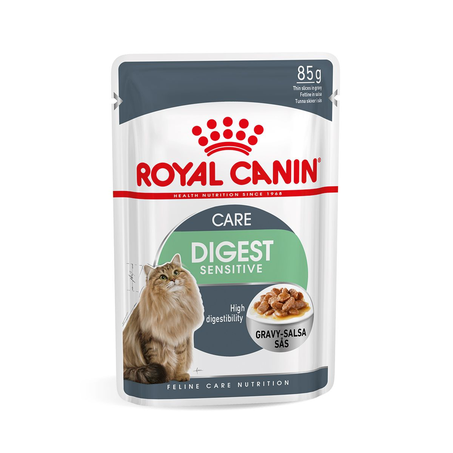 Envase de alimento Royal Canin Digest Sensitive en salsa para gatos