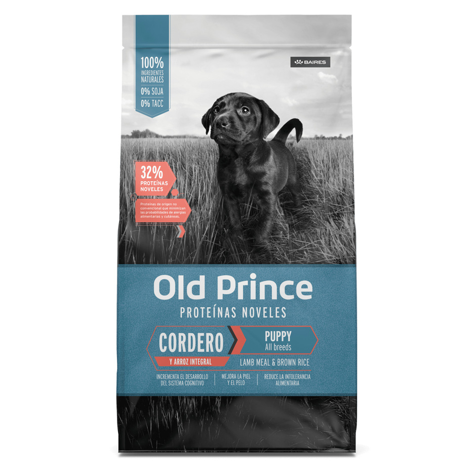 Envase de alimento Old Prince Cachorros Todas las Razas Cordero y Arroz Integral para perros