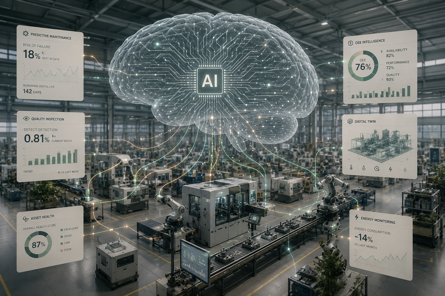 AI in manufacturing concept showing a transparent AI brain connected to robotic arms, CNC machines, conveyor belts, and smart factory assets for predictive maintenance, quality inspection, and intelligent production.