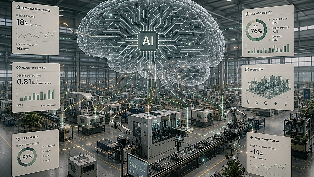 AI in manufacturing concept showing a transparent AI brain connected to robotic arms, CNC machines, conveyor belts, and smart factory assets for predictive maintenance, quality inspection, and intelligent production.