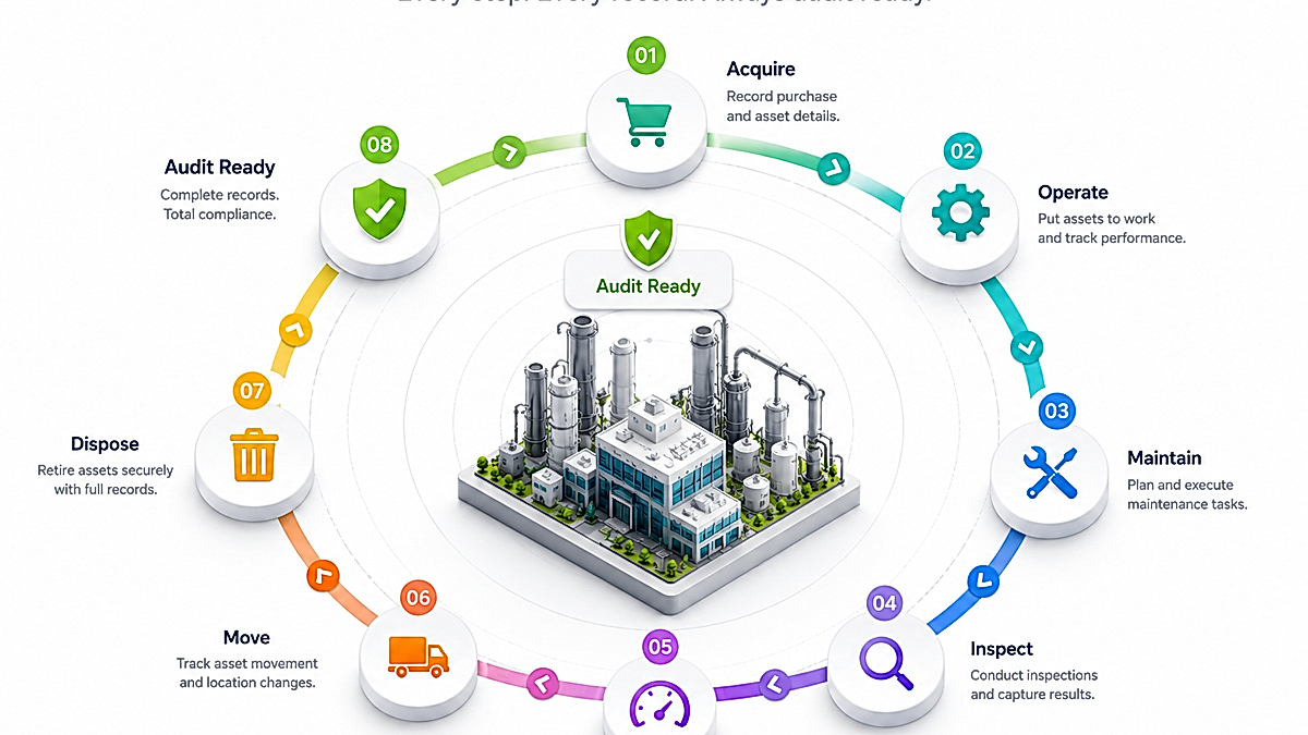 Enterprise asset lifecycle infographic for audit-ready asset management and compliance.