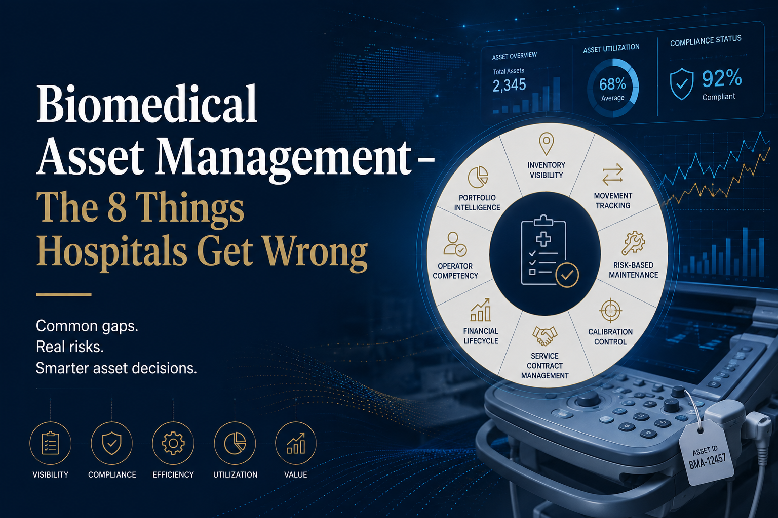 Biomedical asset management cover showing medical equipment, asset tracking dashboards, and key areas including inventory visibility, movement tracking, risk-based maintenance, calibration control, service contract management, financial lifecycle, operator competency, and portfolio intelligence.
