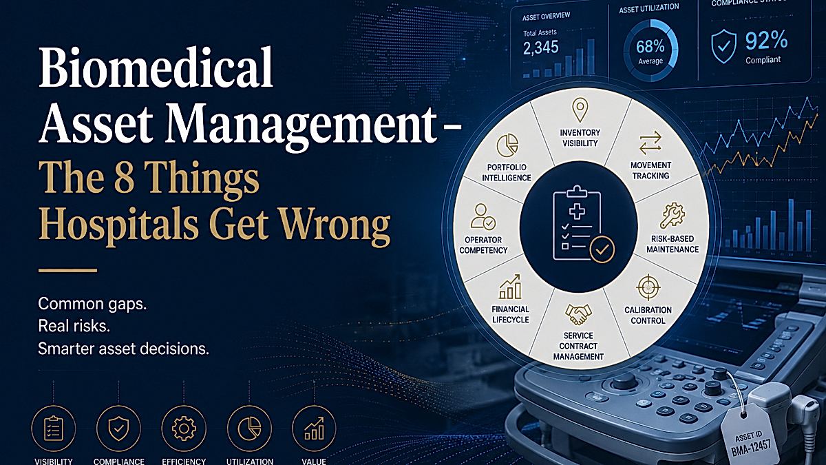 Biomedical asset management cover showing medical equipment, asset tracking dashboards, and key areas including inventory visibility, movement tracking, risk-based maintenance, calibration control, service contract management, financial lifecycle, operator competency, and portfolio intelligence.