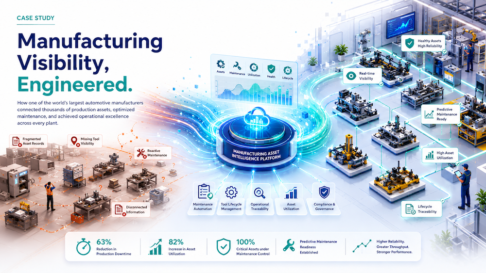 Manufacturing asset management platform illustration featuring asset tracking, preventive maintenance, tool lifecycle management, asset utilization, predictive maintenance, operational intelligence, production visibility, compliance management, maintenance automation, manufacturing operations, equipment health monitoring, and asset traceability.
