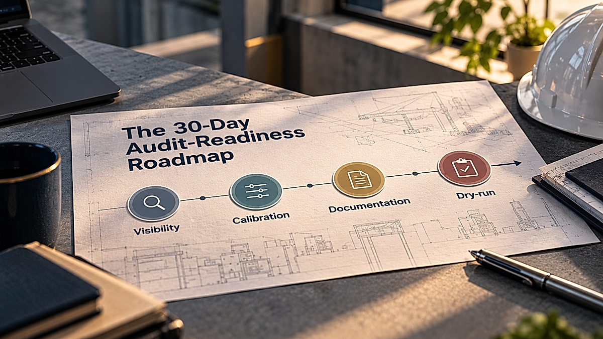 Inflewz 30-day audit-readiness roadmap showing visibility, calibration, documentation, and dry-run stages