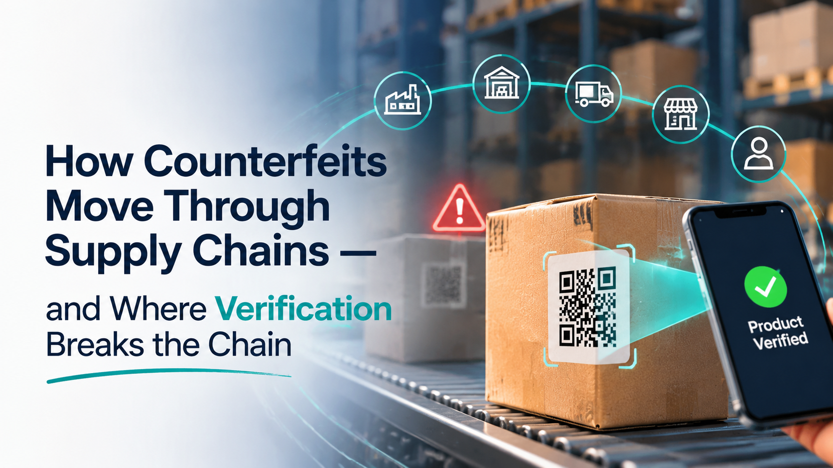 Anti-counterfeit QR verification in supply chains, showing a QR-coded product being scanned by a smartphone to verify product authenticity and help brands detect counterfeit goods.