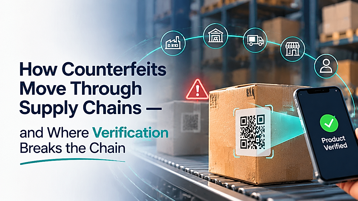 Anti-counterfeit QR verification in supply chains, showing a QR-coded product being scanned by a smartphone to verify product authenticity and help brands detect counterfeit goods.