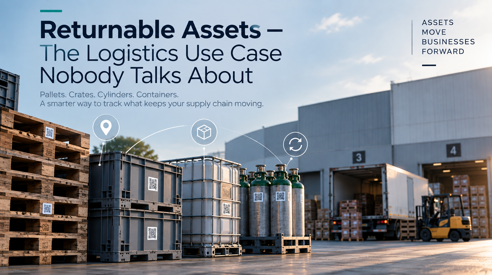 Industrial logistics yard showing pallets, reusable crates, IBC containers and gas cylinders, illustrating returnable asset tracking and supply chain visibility.