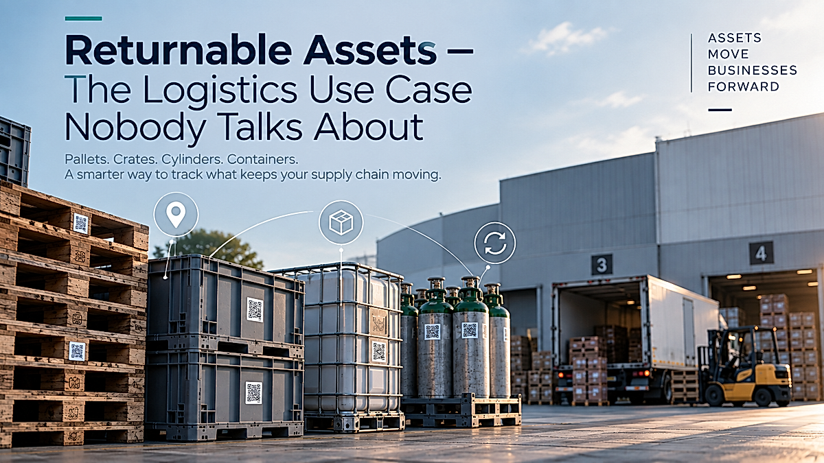Industrial logistics yard showing pallets, reusable crates, IBC containers and gas cylinders, illustrating returnable asset tracking and supply chain visibility.