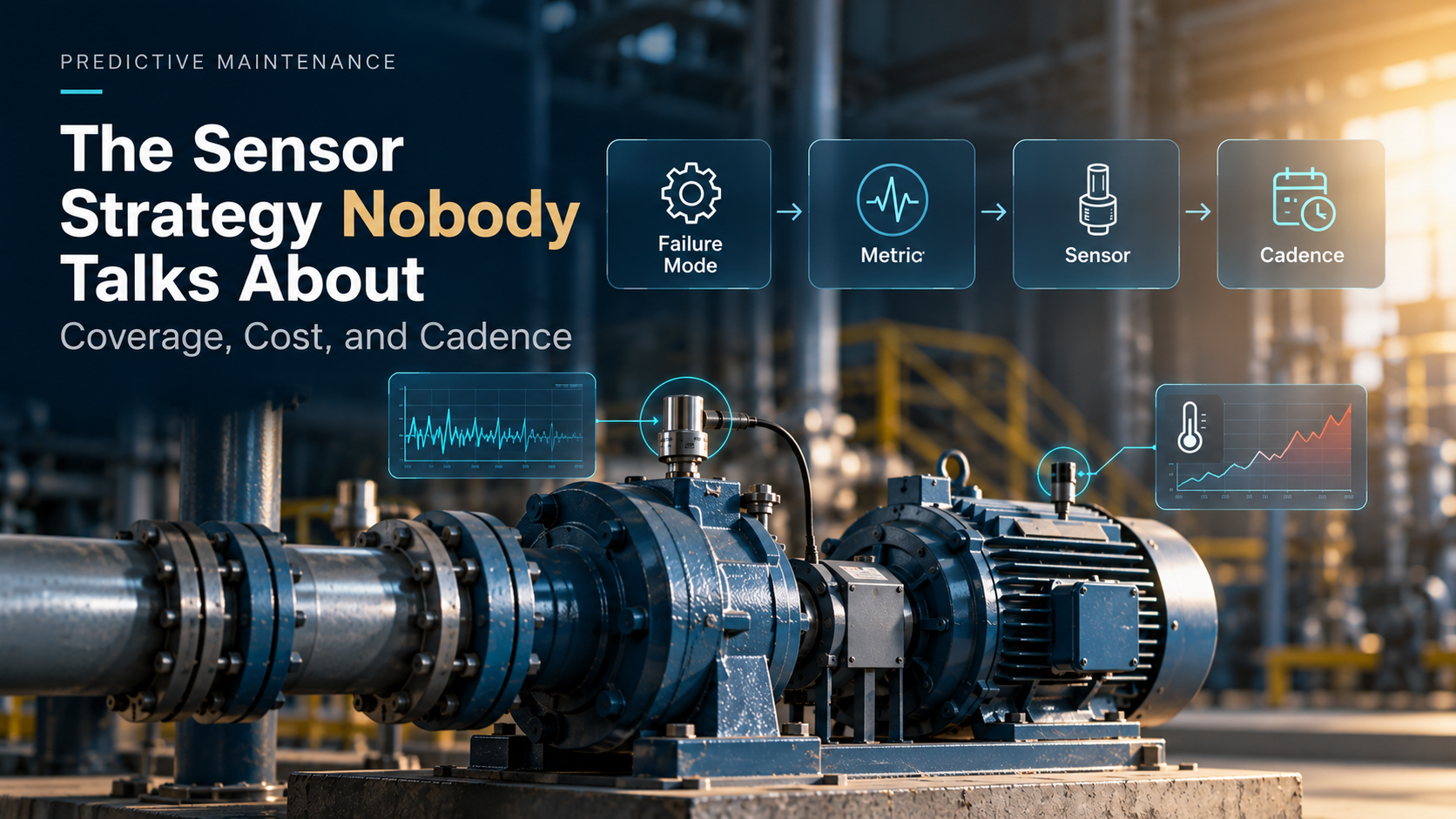 Inflewz predictive maintenance visual showing an industrial pump and motor with connected sensors, monitoring dashboards, and the sequence Failure Mode → Metric → Sensor → Cadence.