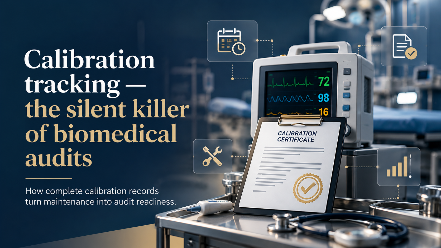 Biomedical calibration tracking in hospitals, featuring medical equipment, a calibration certificate, and digital maintenance tracking icons to illustrate audit readiness.