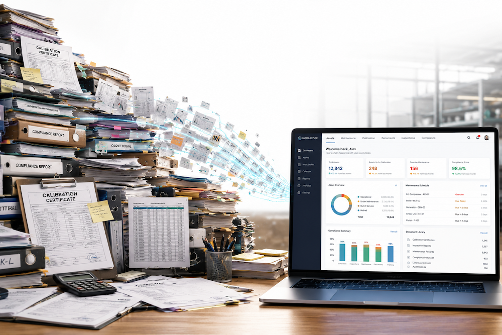 Mountain of audit paperwork transitioning into an enterprise asset management dashboard on a laptop, illustrating digital compliance and audit management.