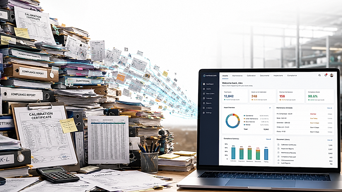 Mountain of audit paperwork transitioning into an enterprise asset management dashboard on a laptop, illustrating digital compliance and audit management.
