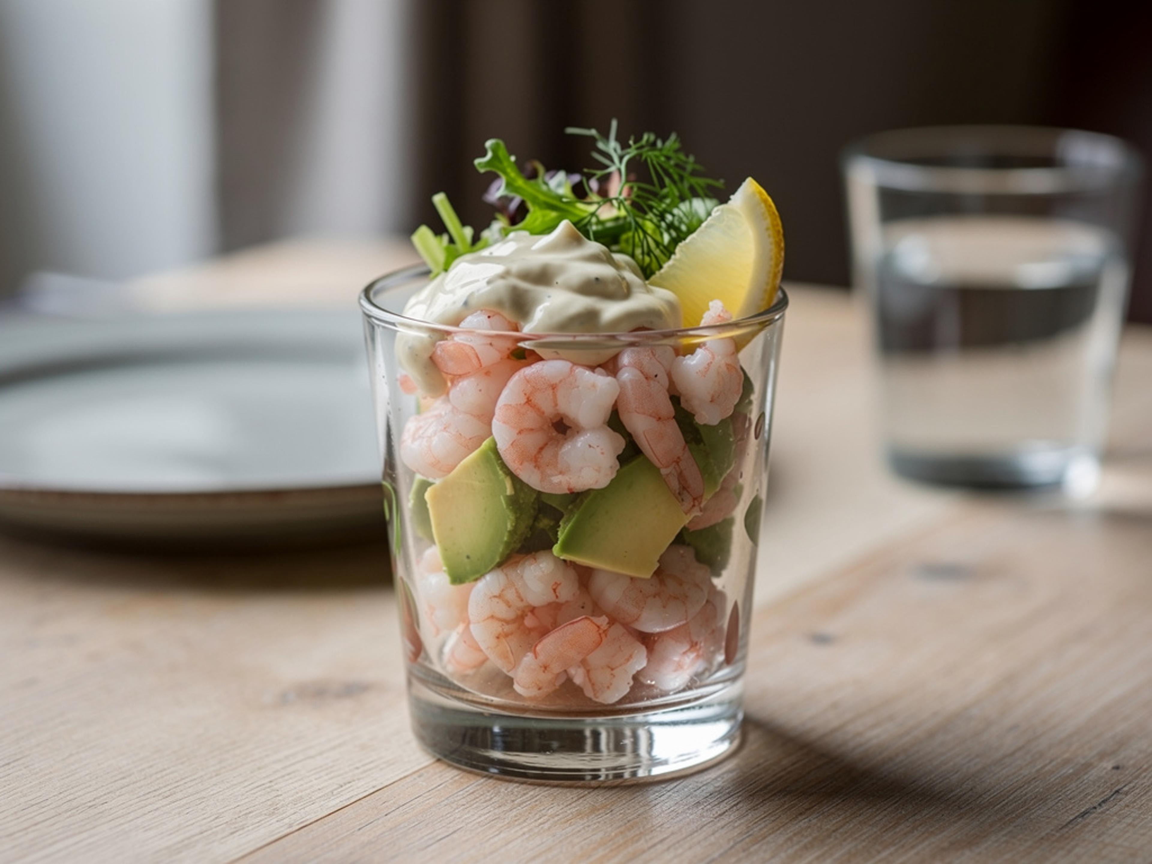 Rejecocktail i glas med rejer, avocado og cocktailsovs, pyntet med citron og dild.