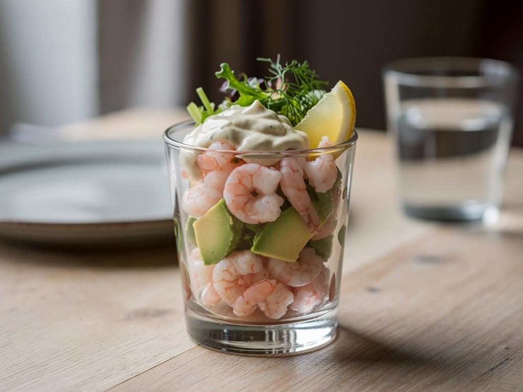 Rejecocktail i glas med rejer, avocado og cocktailsovs, pyntet med citron og dild.