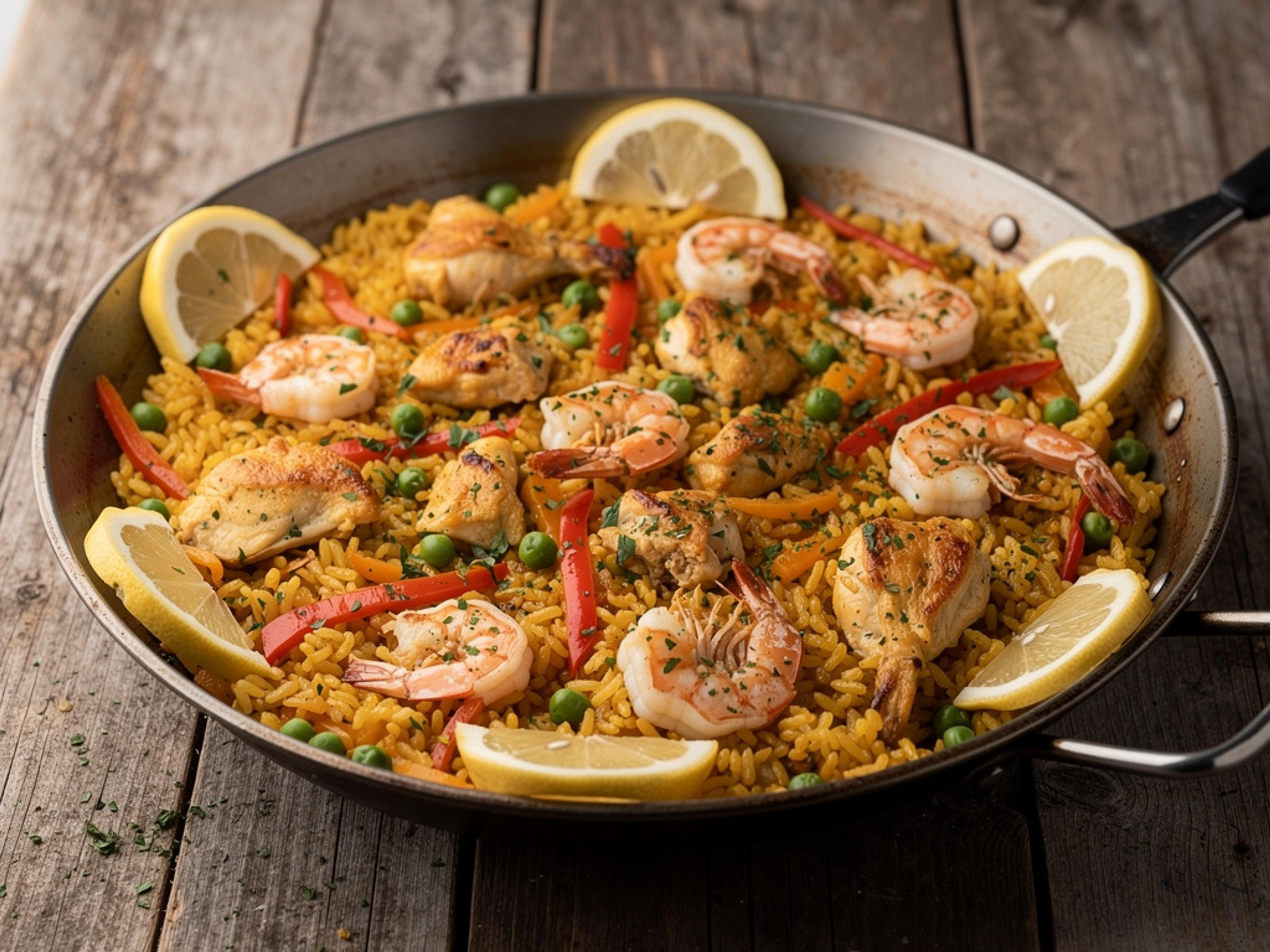 Paella med kylling, rejer og safranris serveret i en bred pande, pyntet med citron og persille.