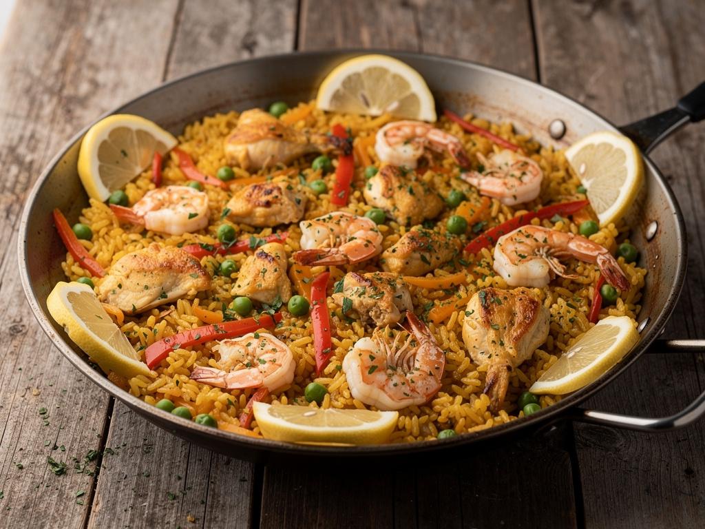 Paella med kylling, rejer og safranris serveret i en bred pande, pyntet med citron og persille.
