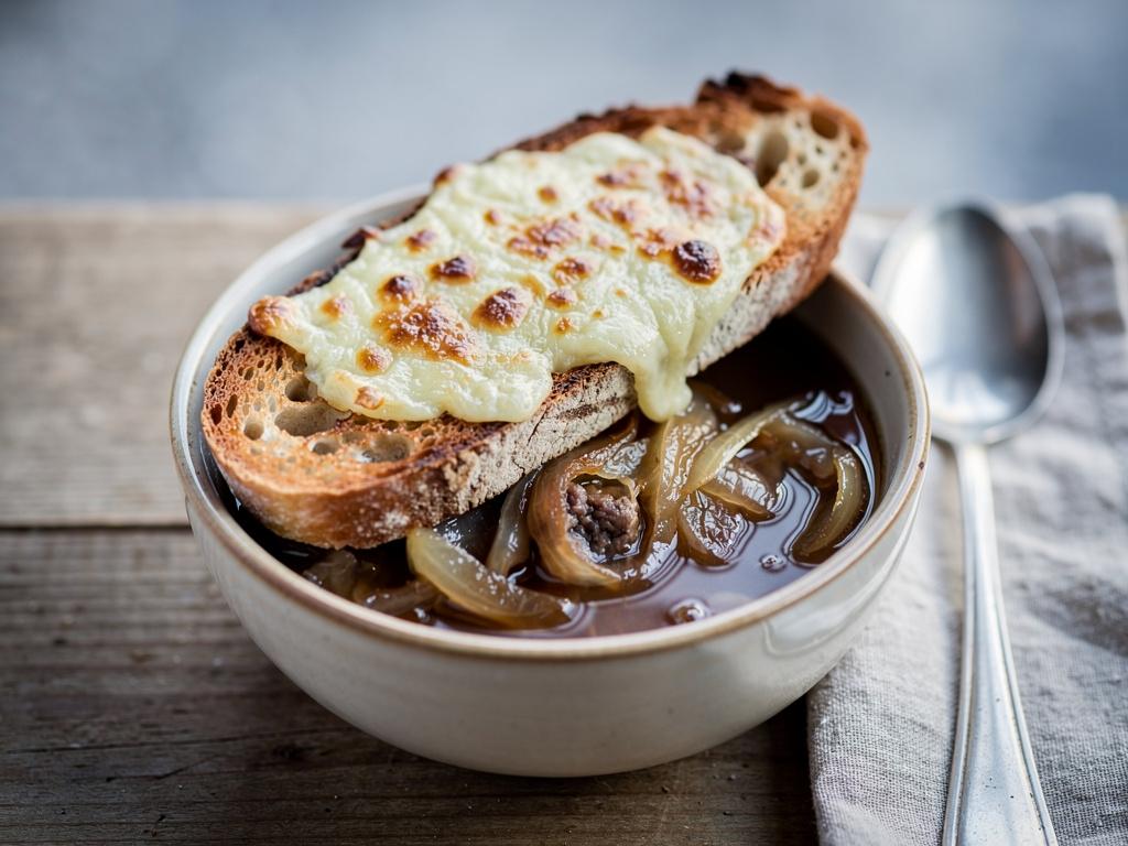 Gratineret fransk løgsuppe med ristet baguette og smeltet ost i en hvid skål