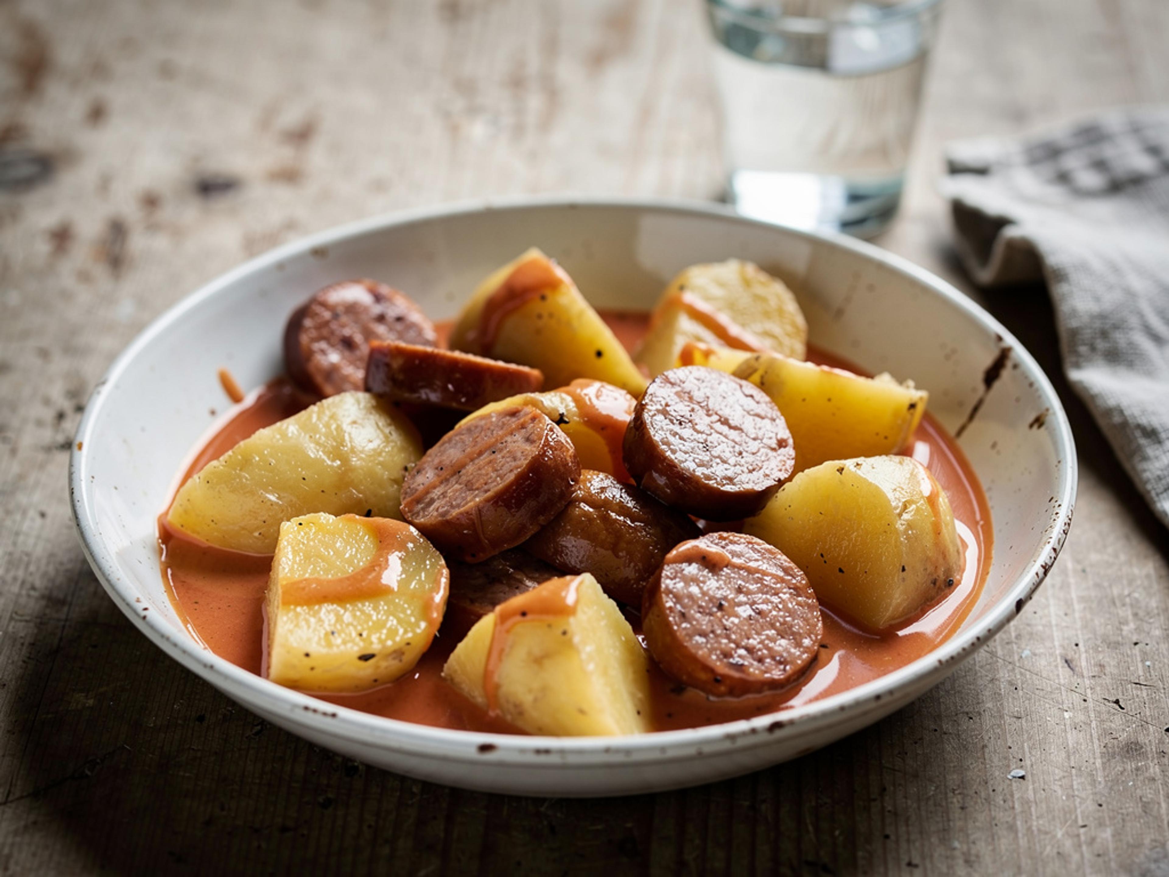 Svensk pølseret med skiver af pølse og kartofler i cremet ketchupsauce, drysset med persille