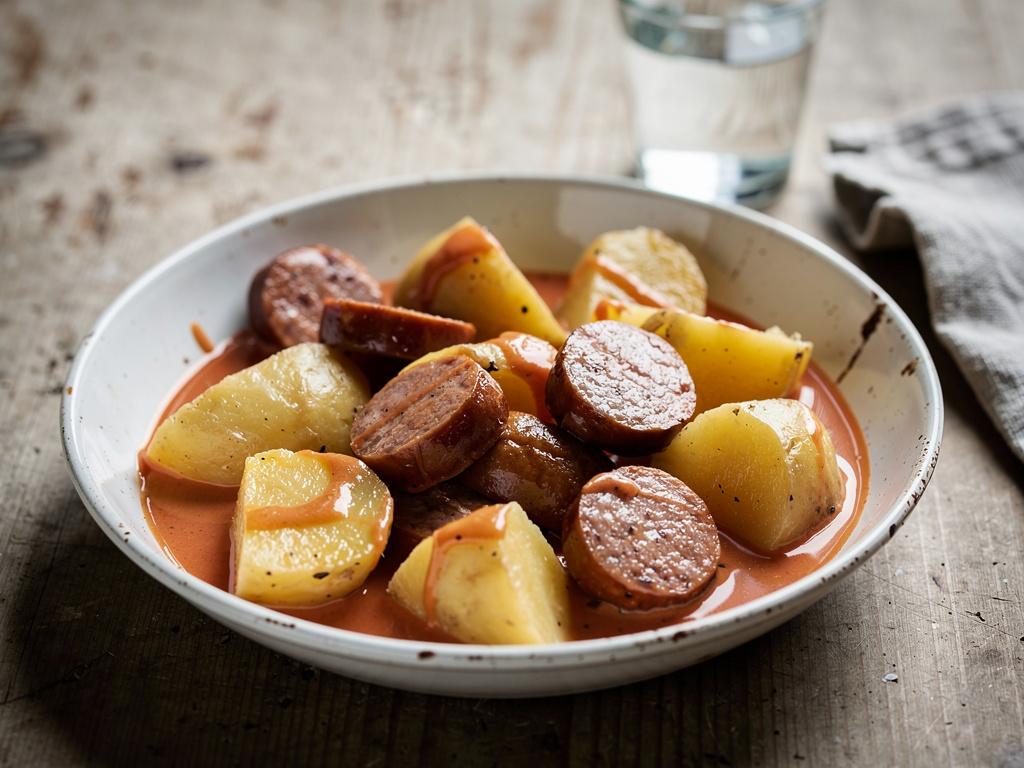 Svensk pølseret med skiver af pølse og kartofler i cremet ketchupsauce, drysset med persille