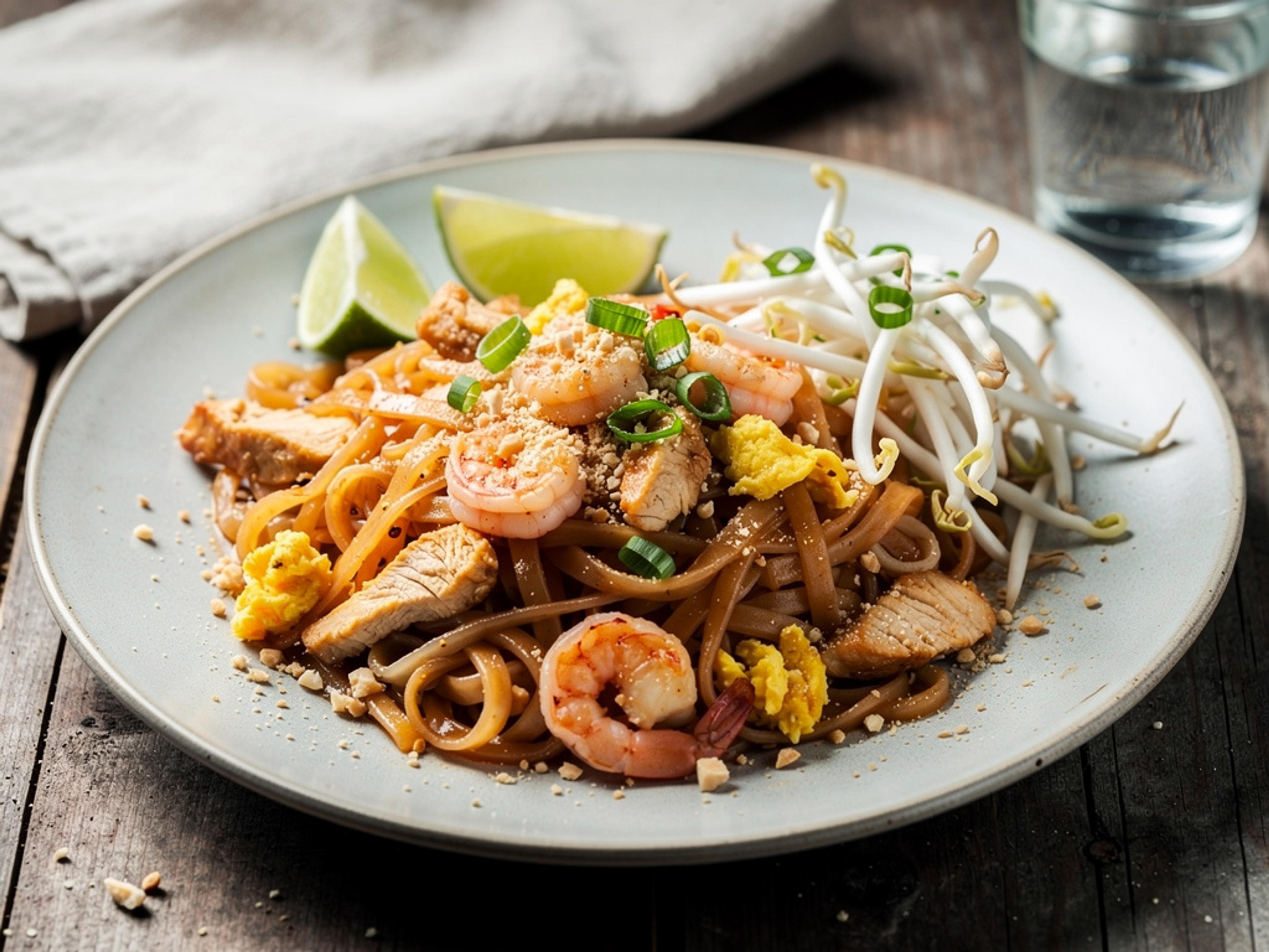 Tallerken med pad thai med rissnudler, rejer, kylling, æg og peanuts, serveret med citronbåde