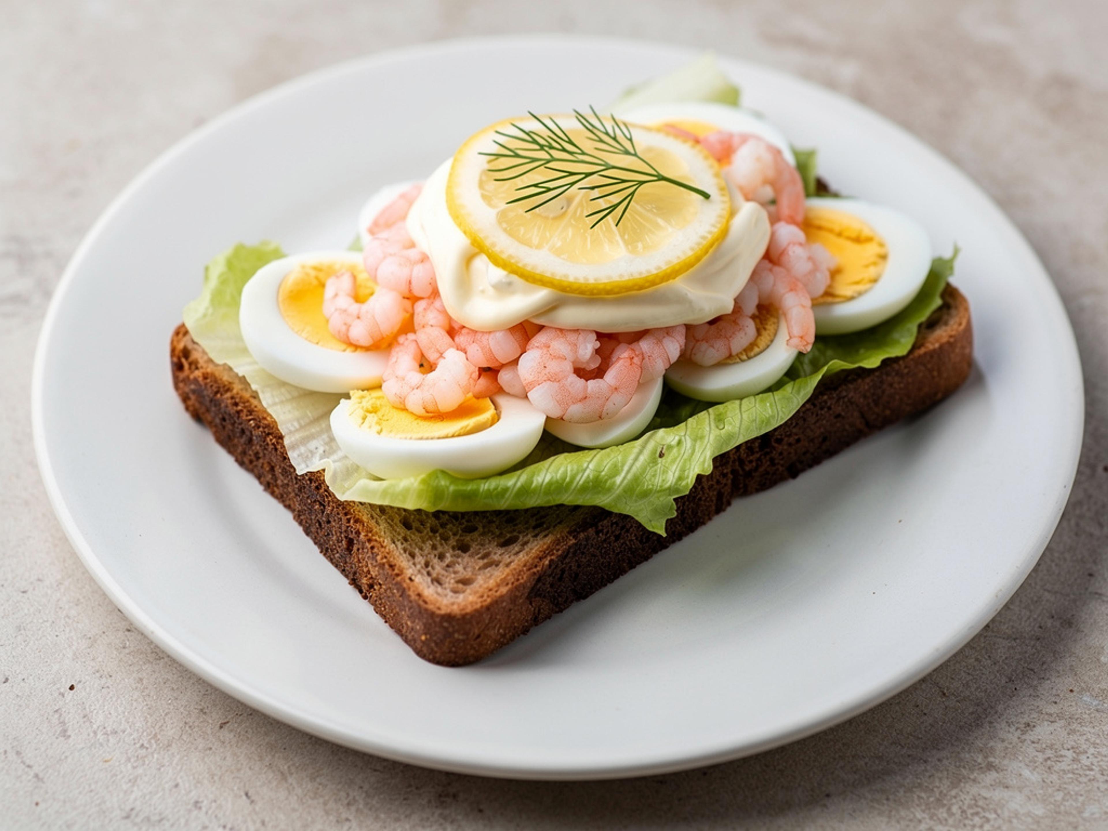 Smørrebrød med rugbrød, æg og rejer garneret med citron og dild
