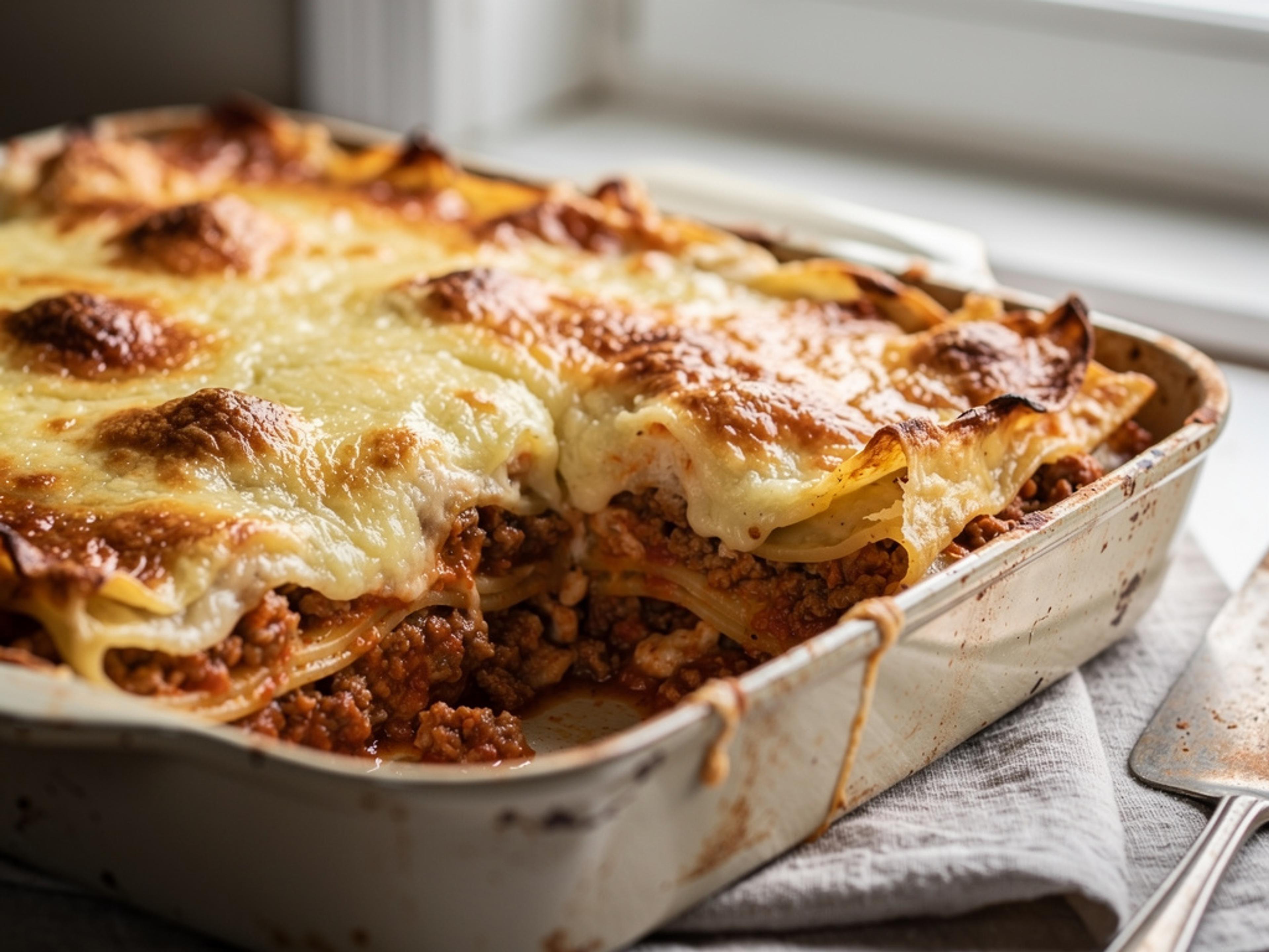 Nybagt lasagne med gylden ost ovenpå og et stykke skåret ud, så lagene af pasta, kødsovs og bechamel ses.