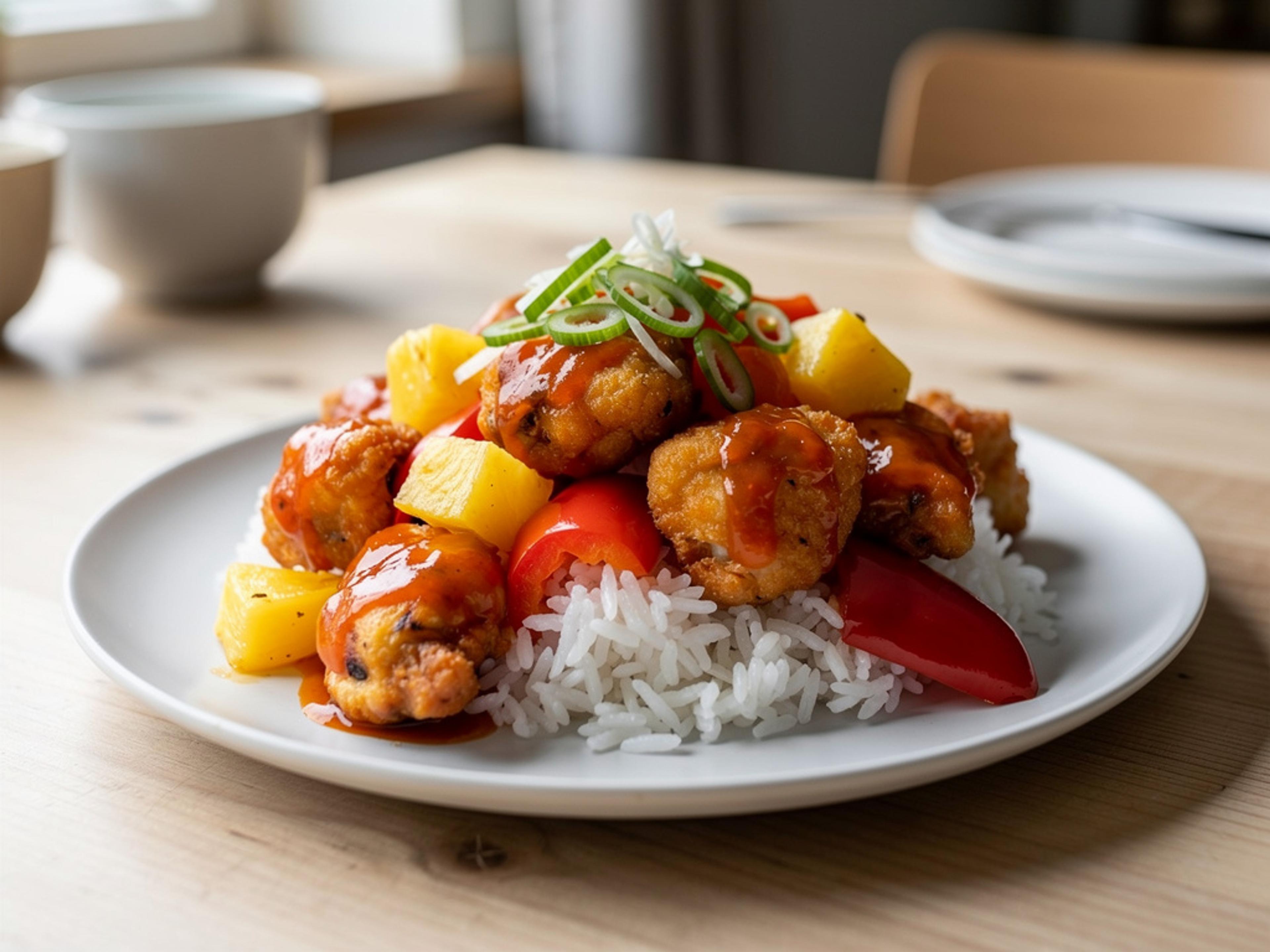 Sursød kylling med ananas og peberfrugt serveret med ris