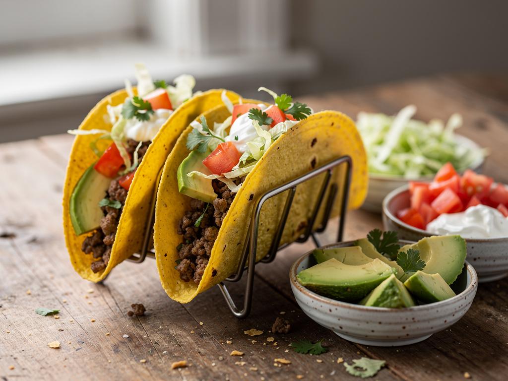Sprøde tacoskaller fyldt med krydret oksekød, salat, tomat, avocado og cremefraiche