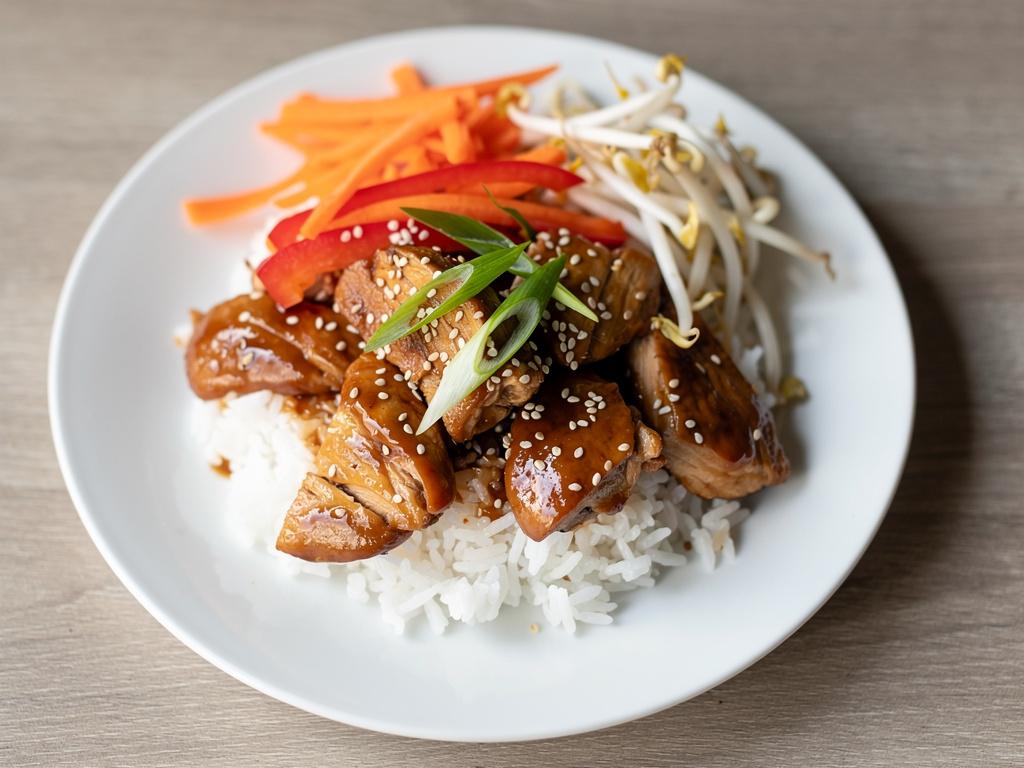Teriyaki-kylling med ris og stegte grøntsager på en tallerken