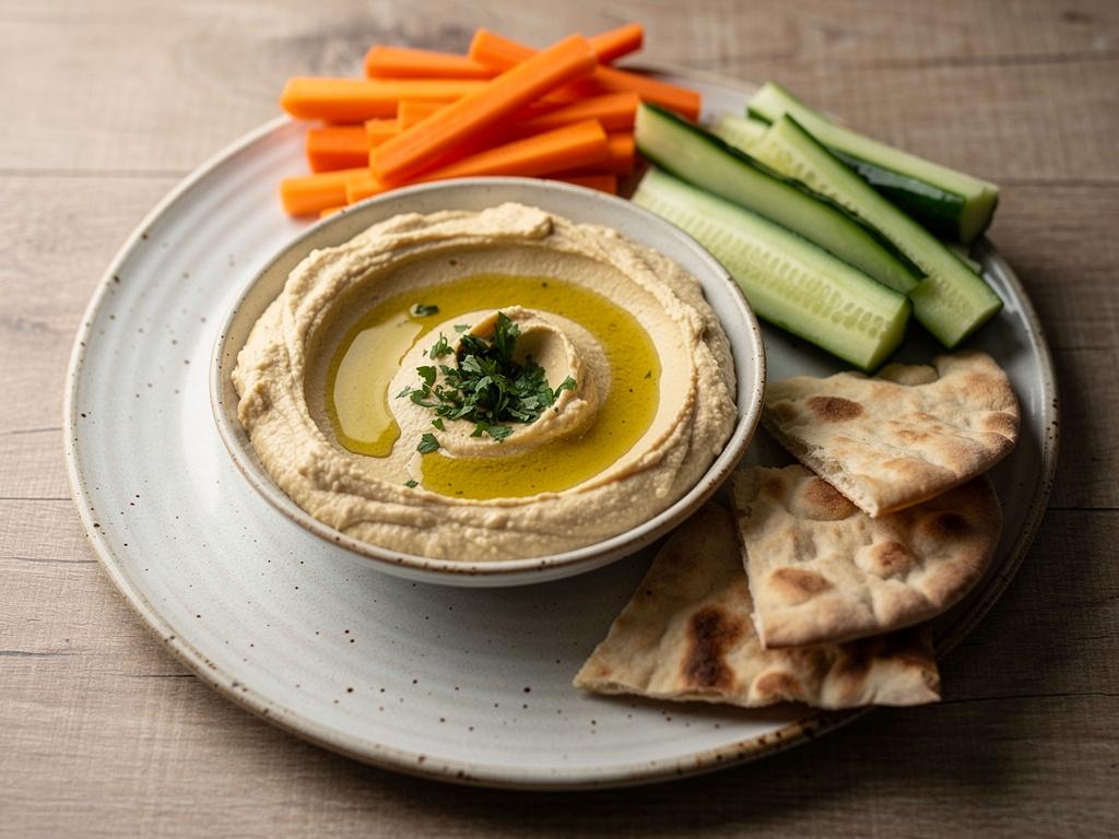 Skål med cremet hummus toppet med olivenolie og persille, serveret med grøntsagsstænger og fladbrød