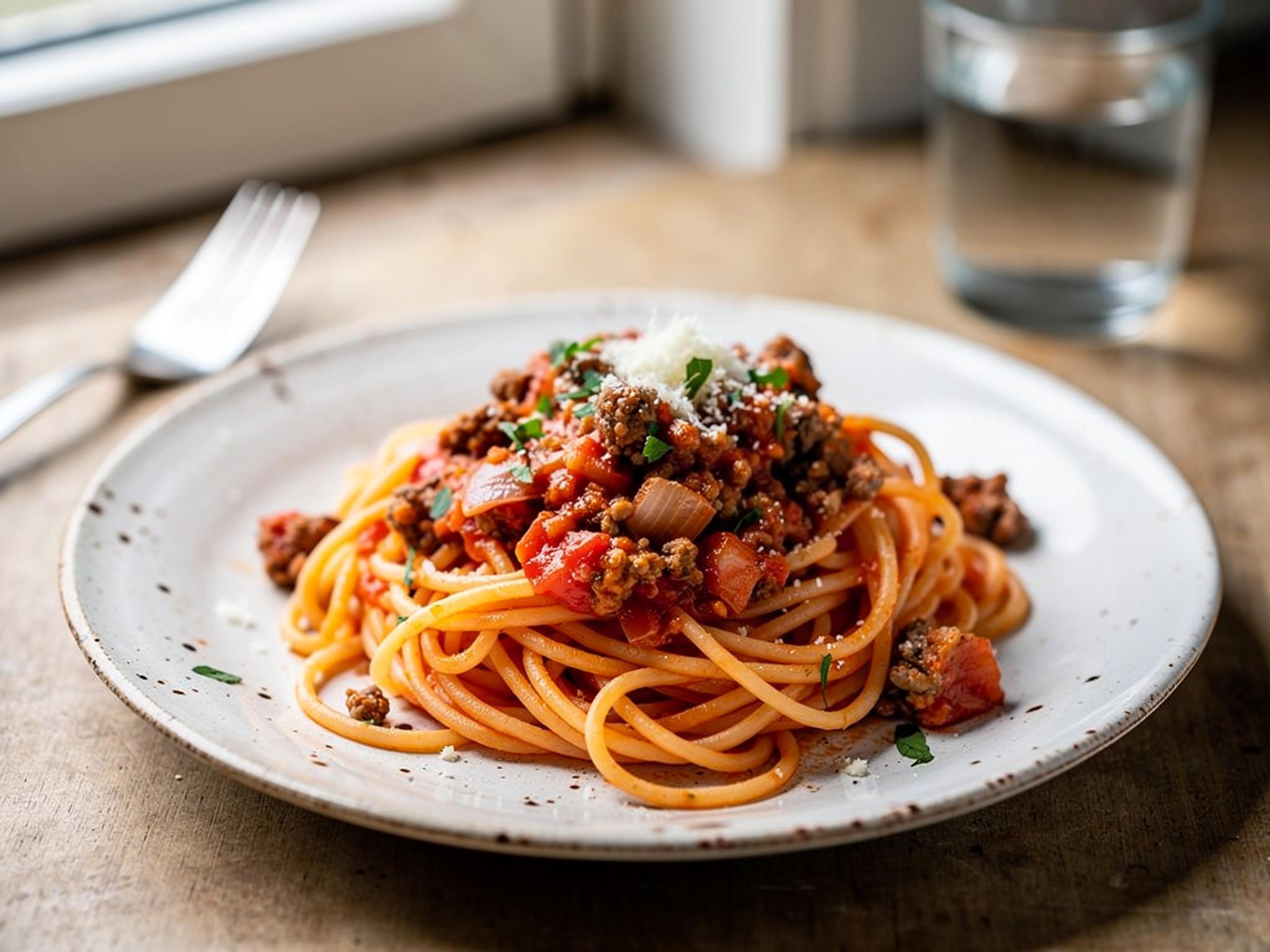 Tallerken med spaghetti og kødsovs toppet med revet parmesan og persille