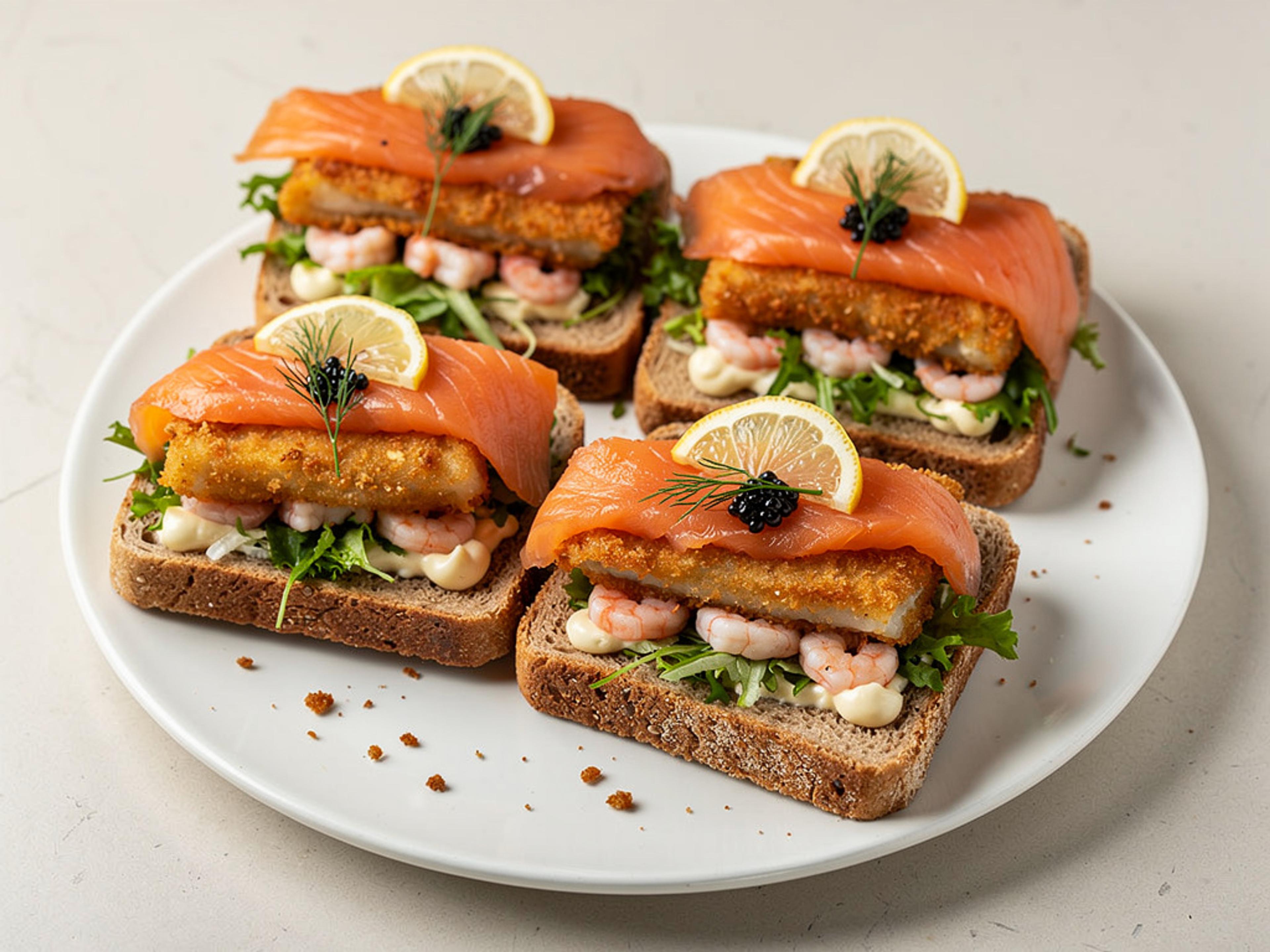 Fire stykker stjerneskud smørrebrød med rejer, røget laks og kaviar på et fad.