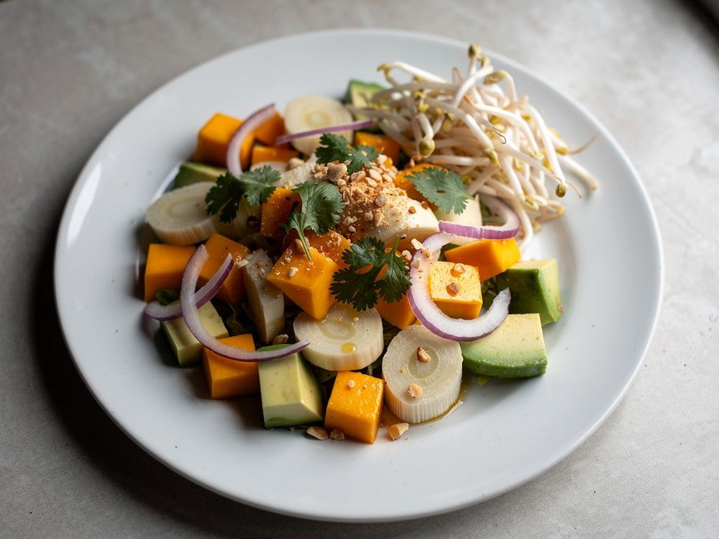 Tropisk salat med palmemarv, mango og avocado toppet med koriander og peanuts