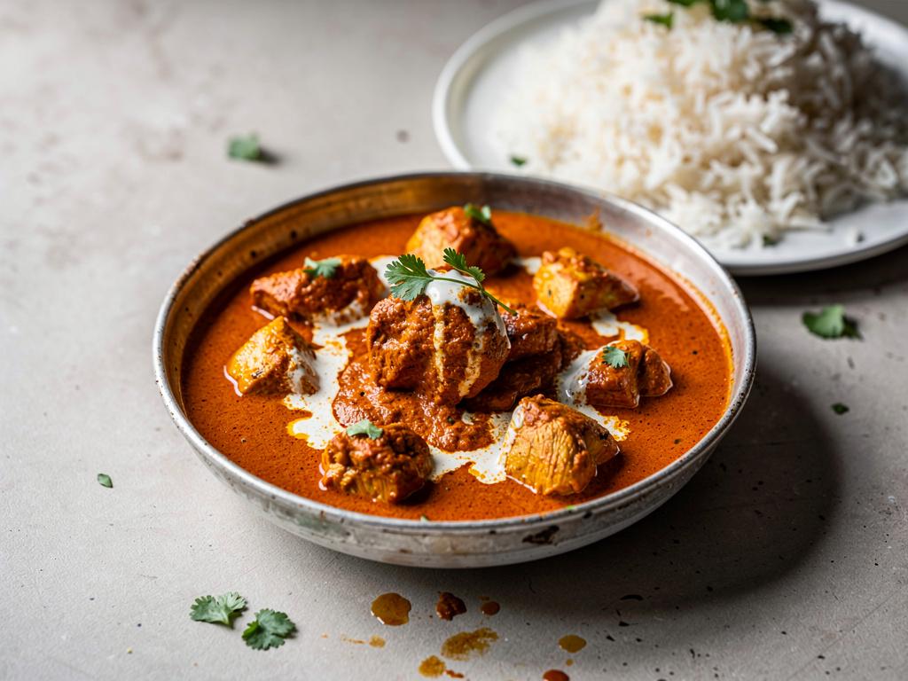 Skål med butter chicken i cremet tomatsauce, pyntet med fløde og hakket koriander