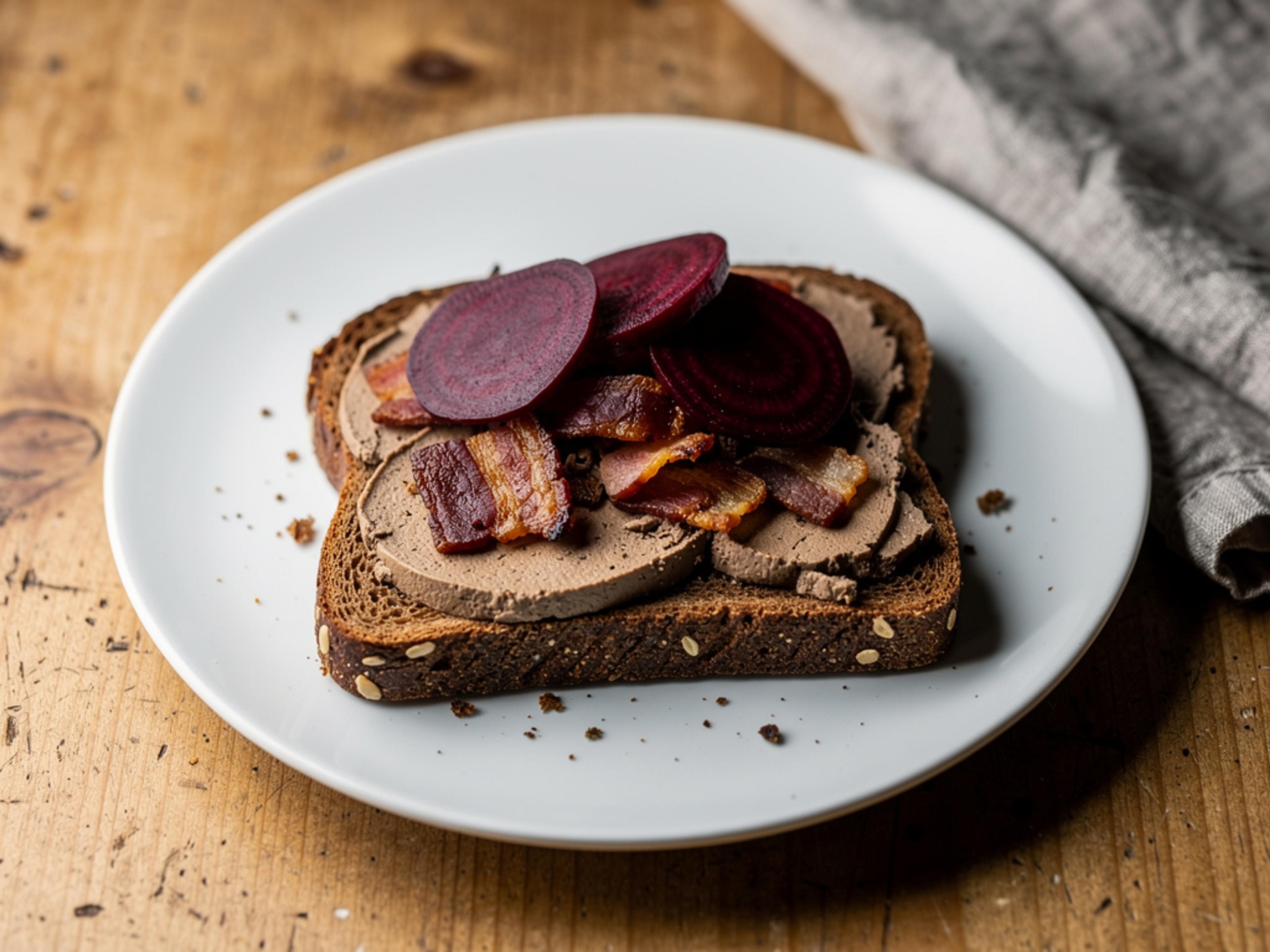 Rugbrød med leverpostej, sprødt bacon og syltede rødbeder