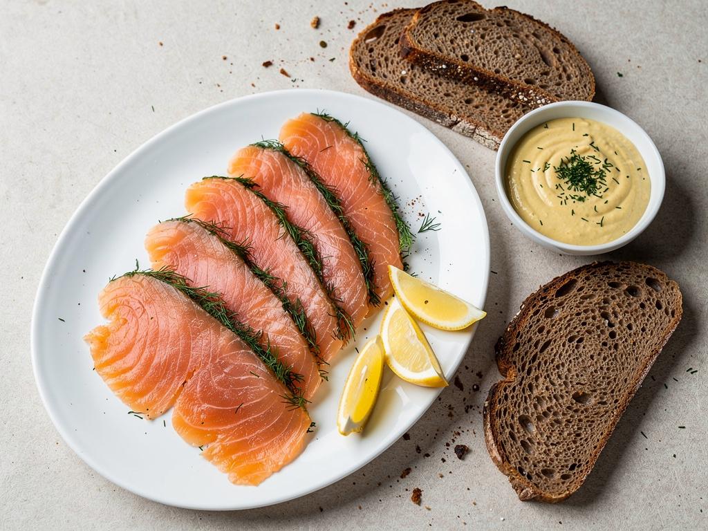 Tyndskåret gravad laks anrettet med sennepssauce, dild og rugbrød
