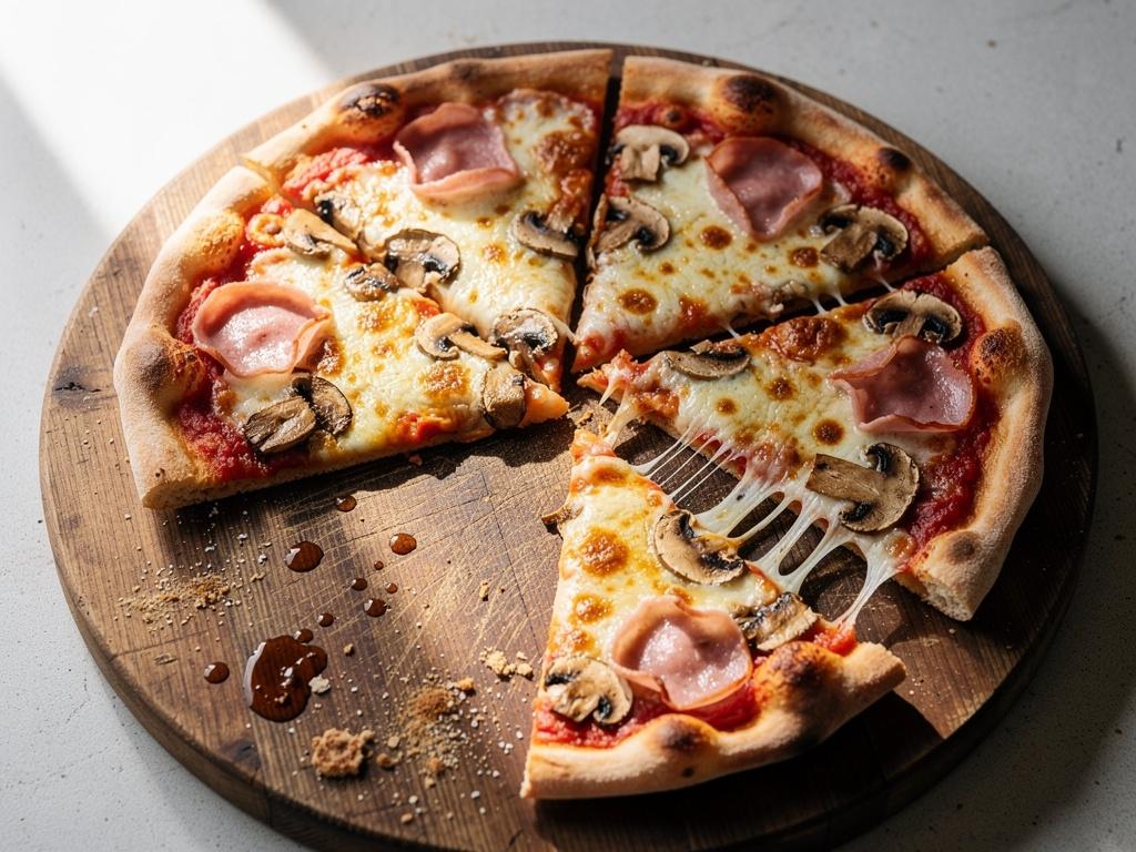 Hjemmelavet pizza med tomatsauce, mozzarella, skinke og champignon på et træbræt.