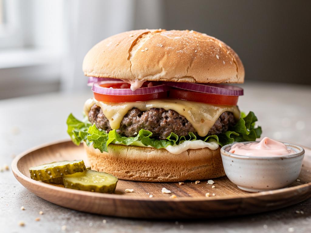 Cheeseburger med smeltet ost, salat, tomat og syltede agurker i en ristet burgerbolle.