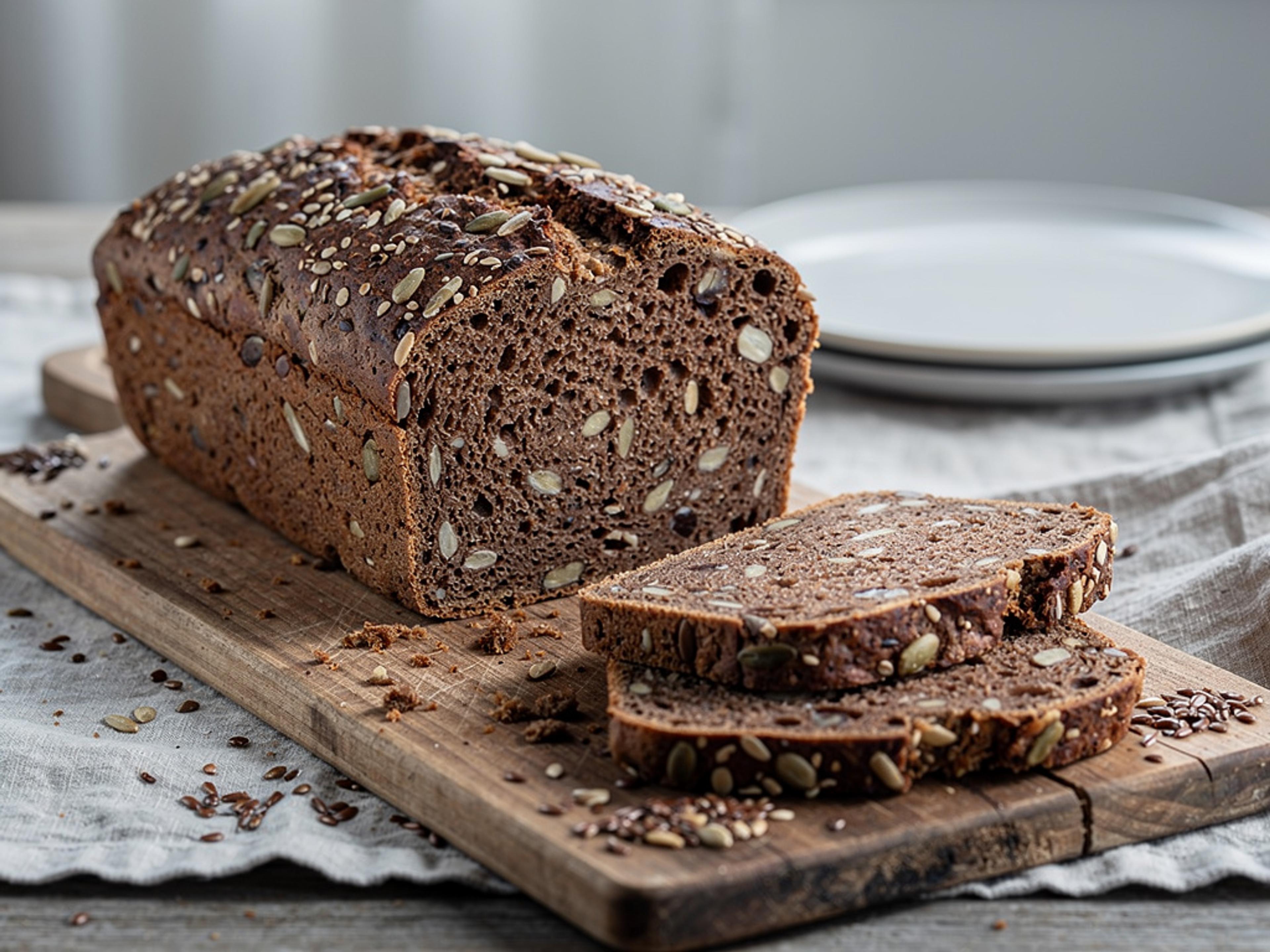 Skåret hjemmebagt rugbrød med hele kerner på et skærebræt